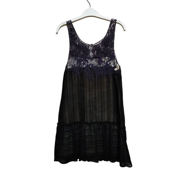 FREE PEOPLE Purple CROCHET neckline Black Layered Dress Flowy Pleated Hem Size S - Picture 1 of 3